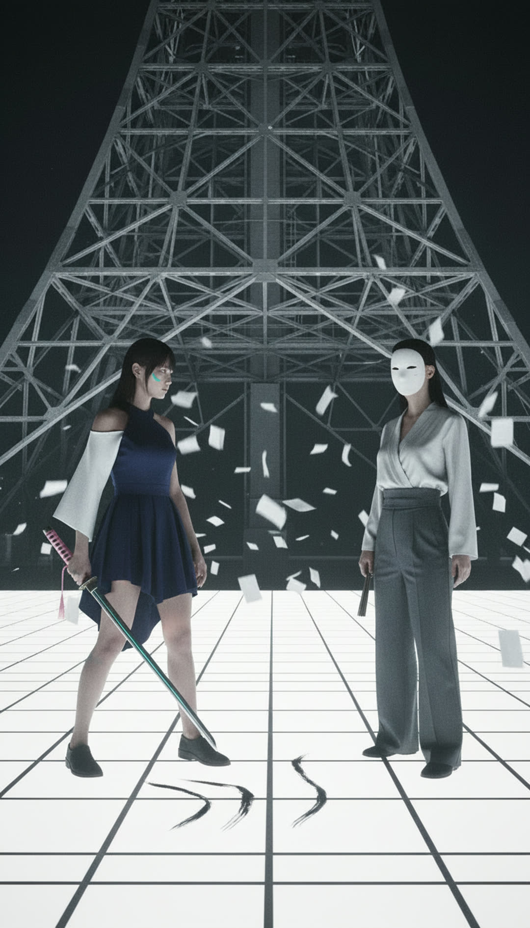 Shot 3 — pushed back half a step. Her shoes drag two crooked lines across the grid: the only untidy thing in frame.
