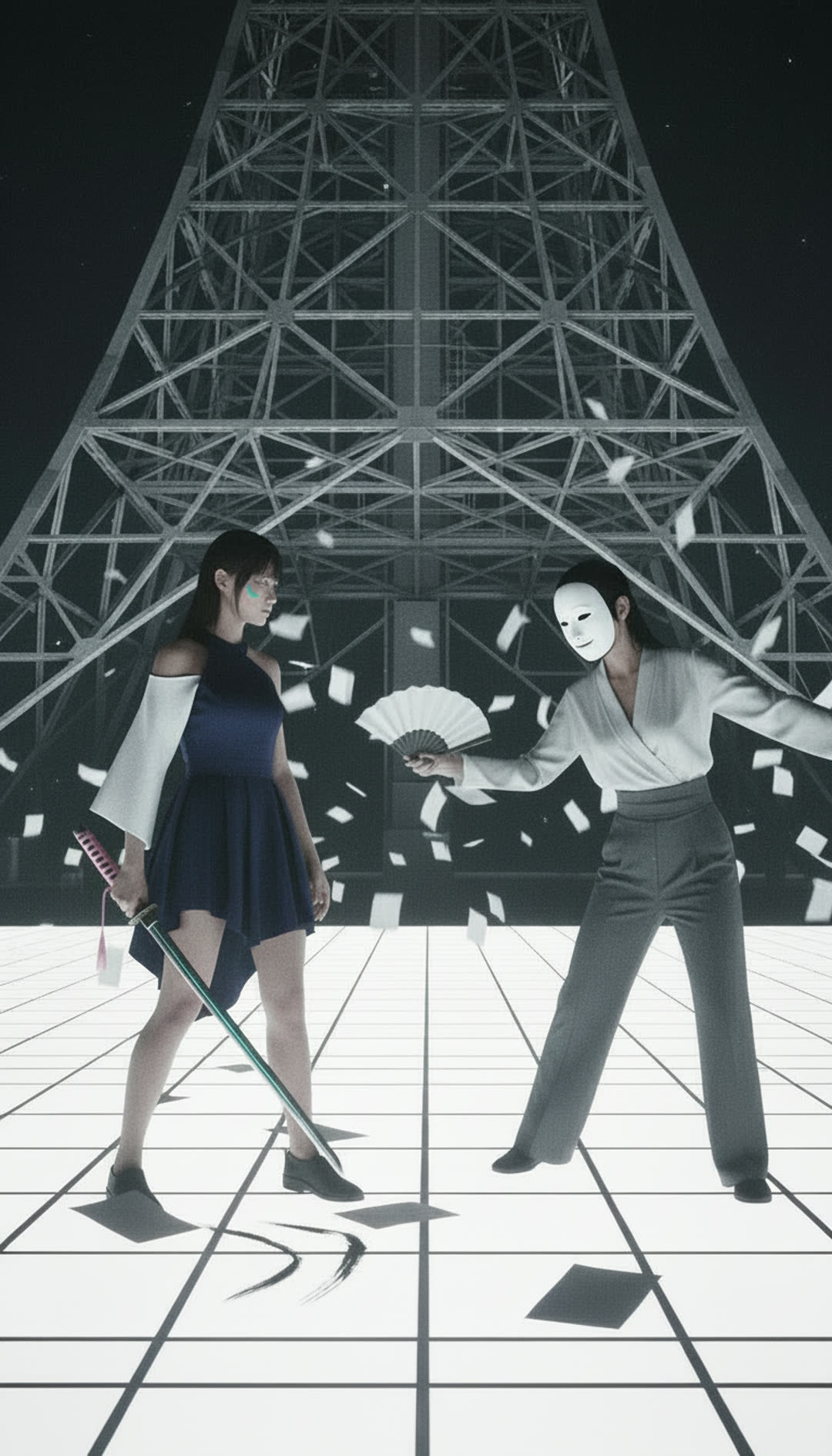 Shot 7 — the precise dance turns into a frenzy. Two ribs snap off the fan. Her posture finally breaks.
