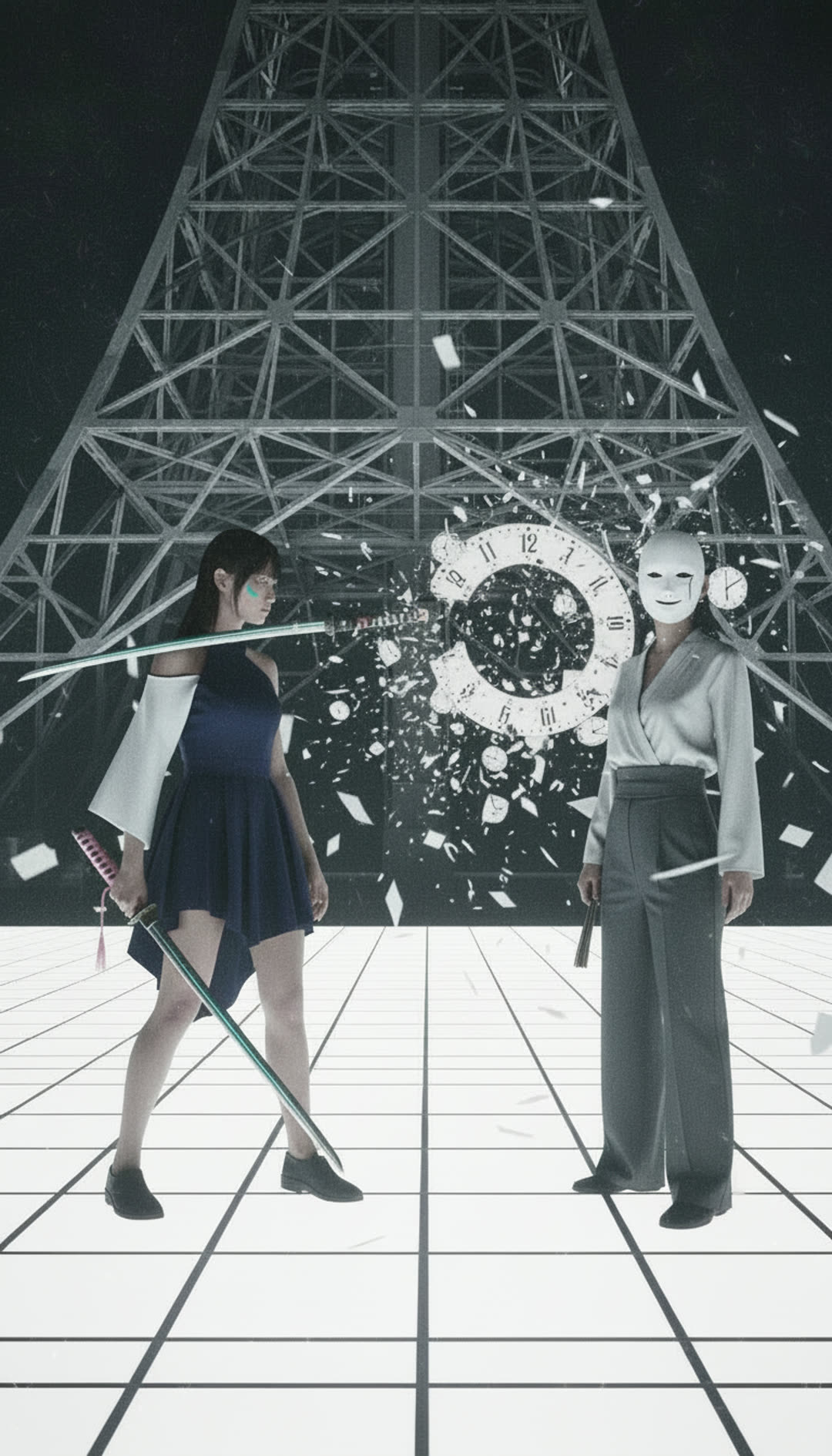 Shot 12 — the cut passes her ear and severs the accelerating clock spinning between them.
