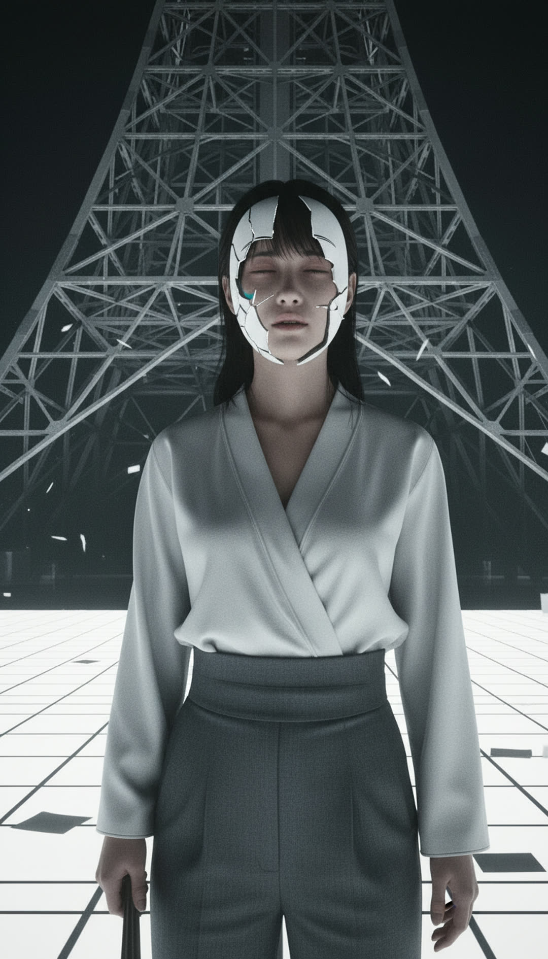 Shot 14 — the mask breaks along the crack. Her chest rises: her first breath in this tower.